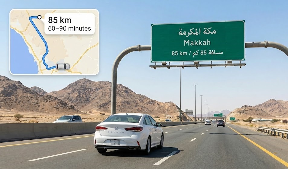 toyota camry traveling towards Makkah showing distance billboard