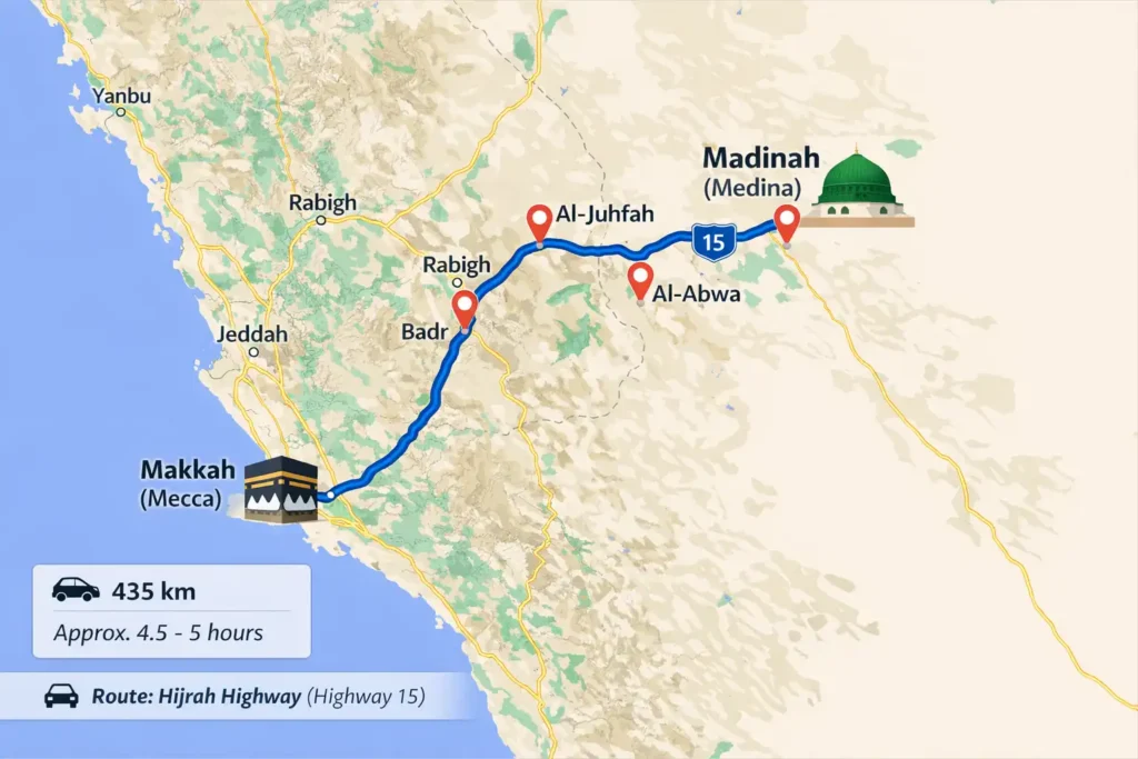 Makkah to Madinah route map via Hijrah Highway