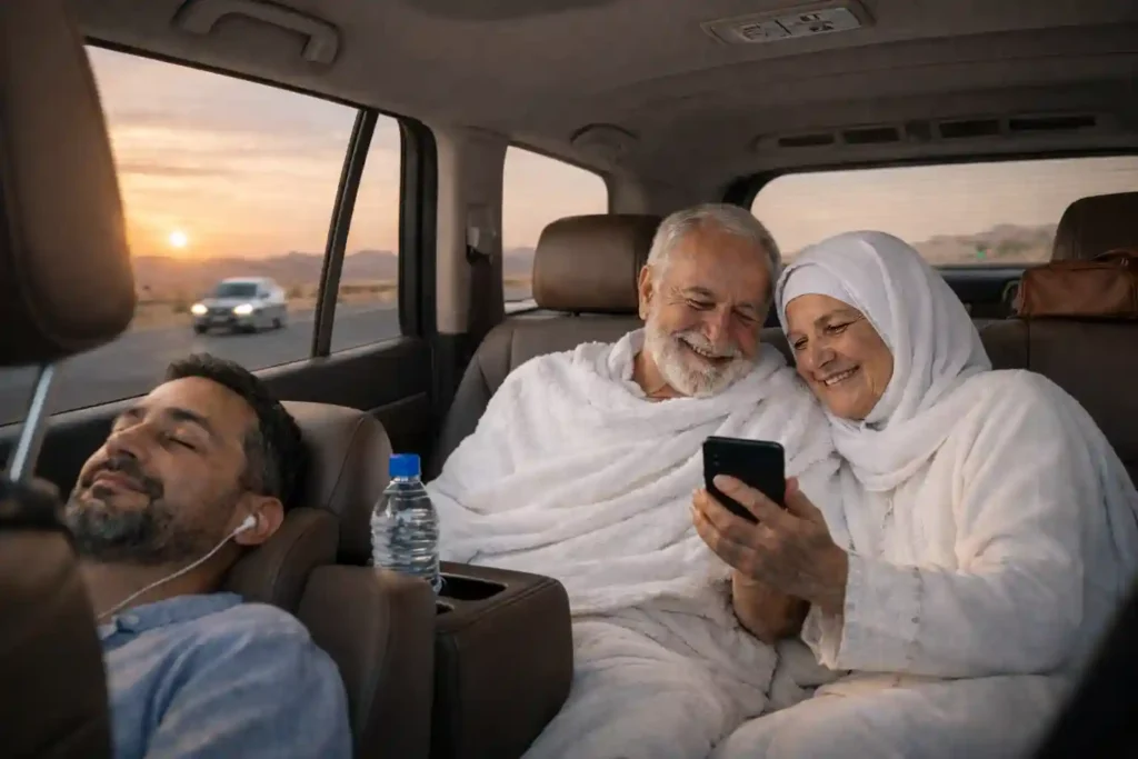 Family enjoying a comfortable taxi ride across the desert from Jeddah to Riyadh at sunset