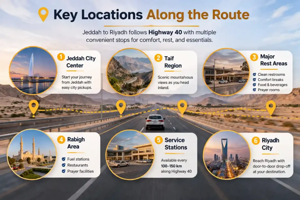 Key locations along the Jeddah to Riyadh route