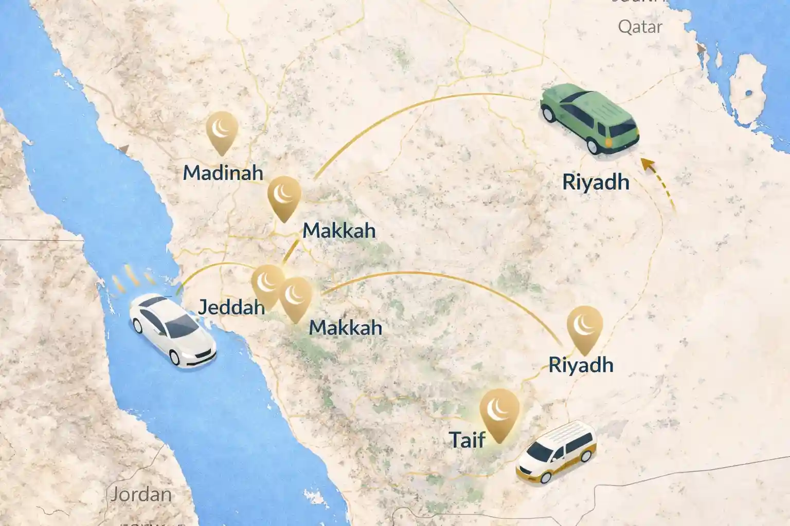 Private Umrah Taxi Service in Saudi Arabia 1 Map of Saudi Arabia showing taxi routes between Madinah, Riyadh, Makkah, Jeddah and Taif
